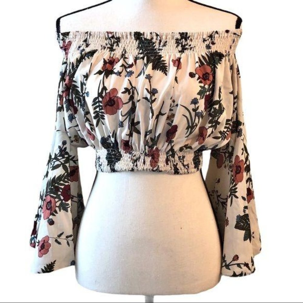 LF Love off-shoulder cropped blouse ivory floral S NWT